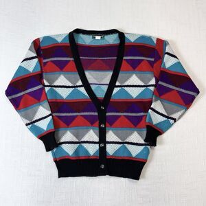 80s Abstract Geometric Knit Cardigan Sweater L Vintage Multicolored Cosby USA